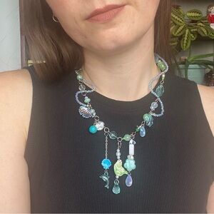 Mermaid Charm Necklace Silver Chain Mixed Beads Pendant Ocean Mermaidcore Blues